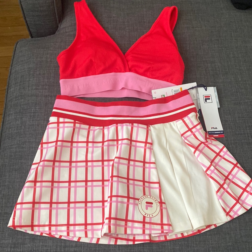 Fila by Brandon Maxwell Limited Edition Red/Pink plaid Tennis Skirt and Bra Set